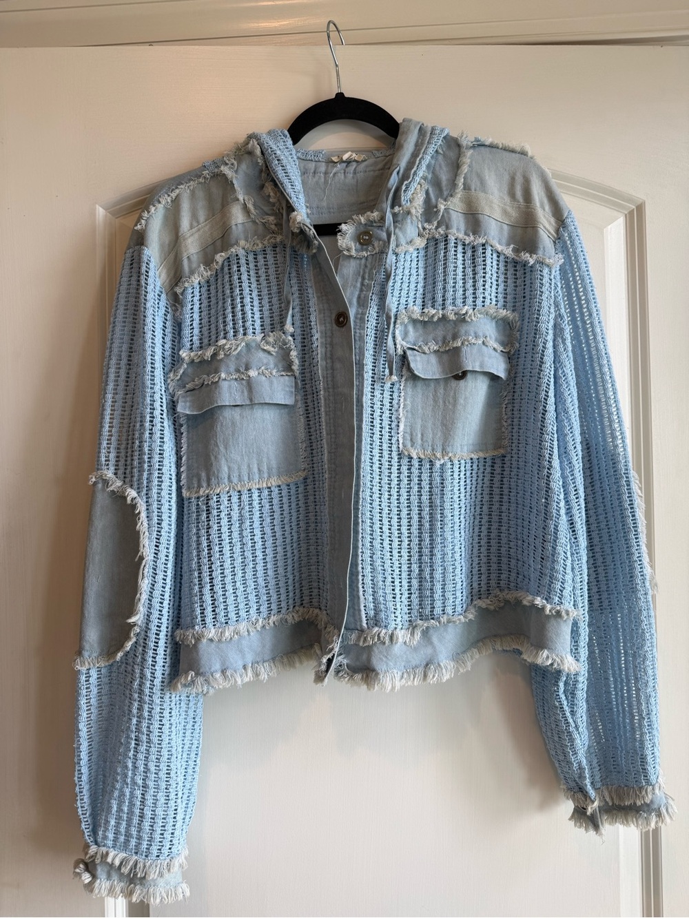POL Light Blue Distressed Knit & Denim Hooded Jacket
